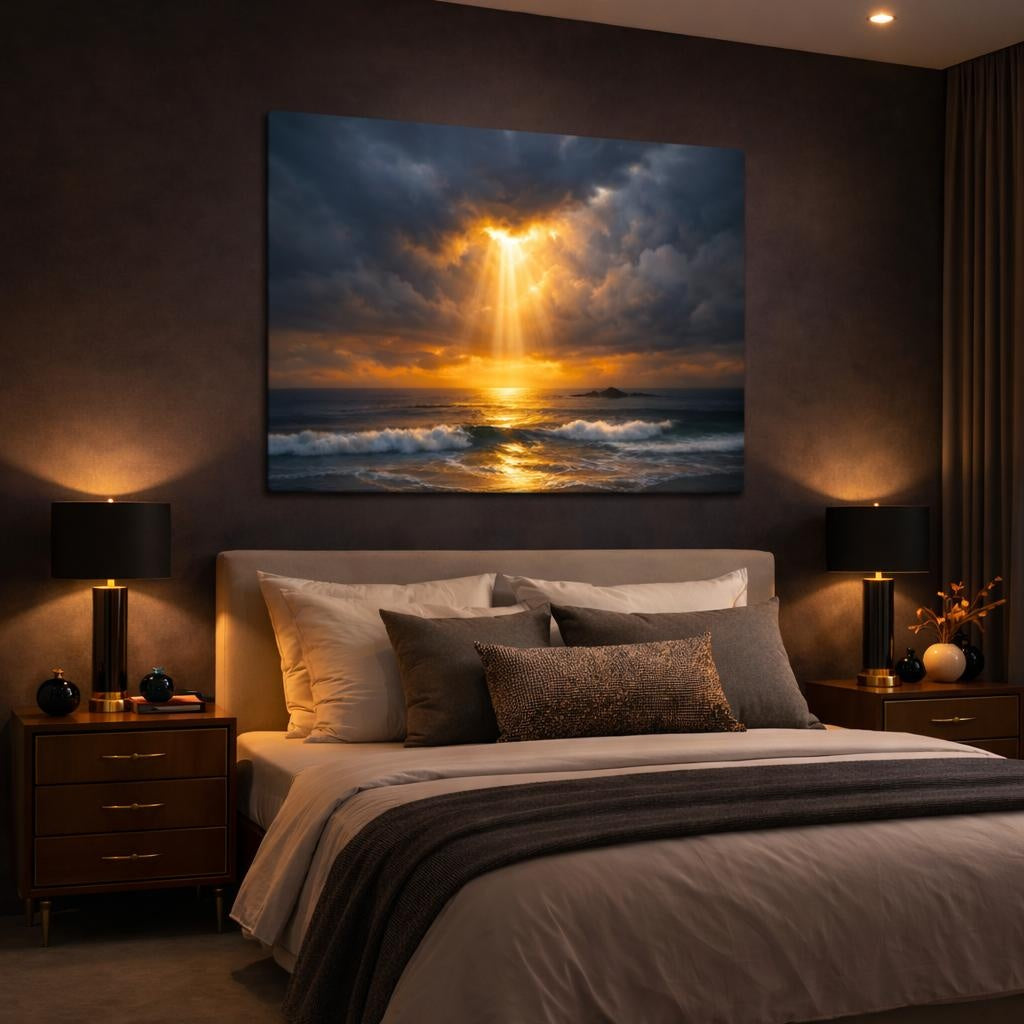 Seascape Dramatic Sky shown as canvas wall art in a luxury bedroom