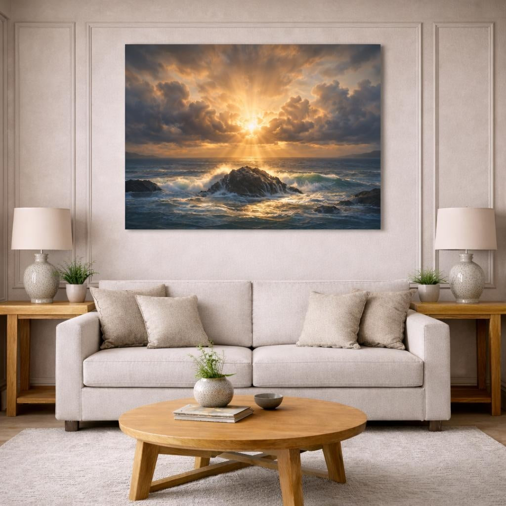 Seascape Dramatic Sky shown as canvas wall art in a modern living room