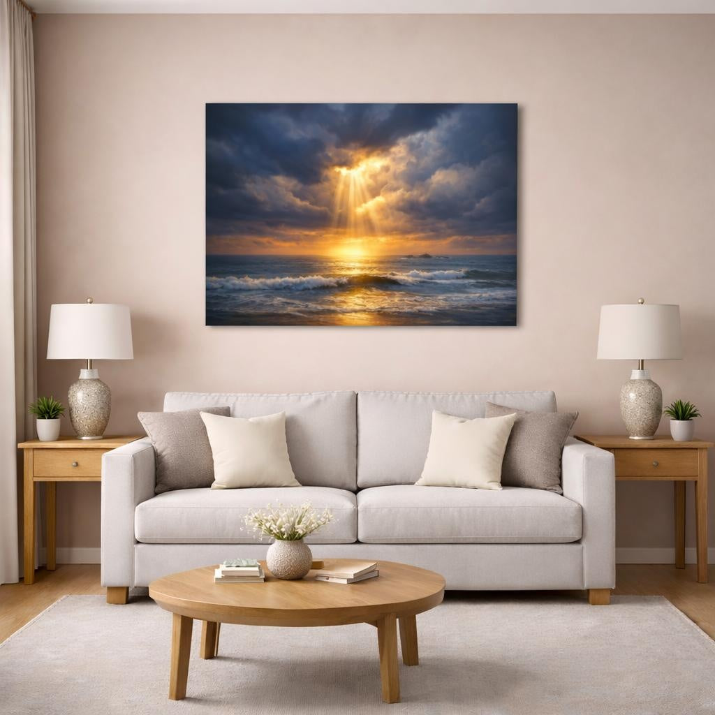 Seascape Dramatic Sky shown as canvas wall art in a modern living room