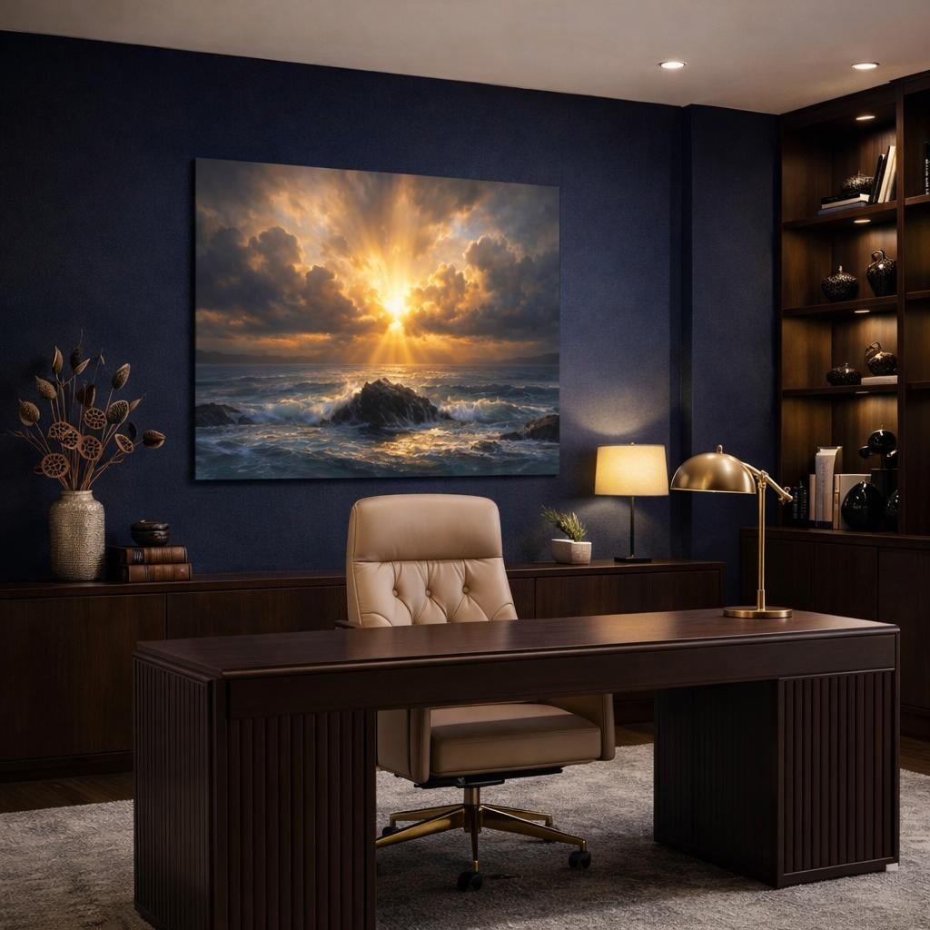 Seascape Dramatic Sky shown as canvas wall art in a refined dining room