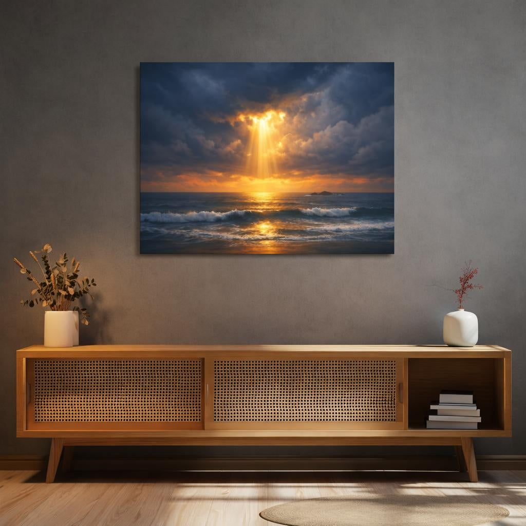 Seascape Dramatic Sky shown as canvas wall art in a refined dining room