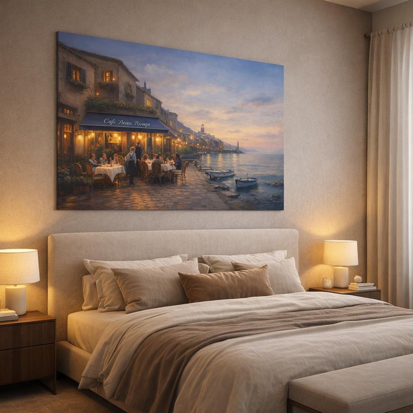Seascape European Bistro Street shown as canvas wall art in a luxury bedroom