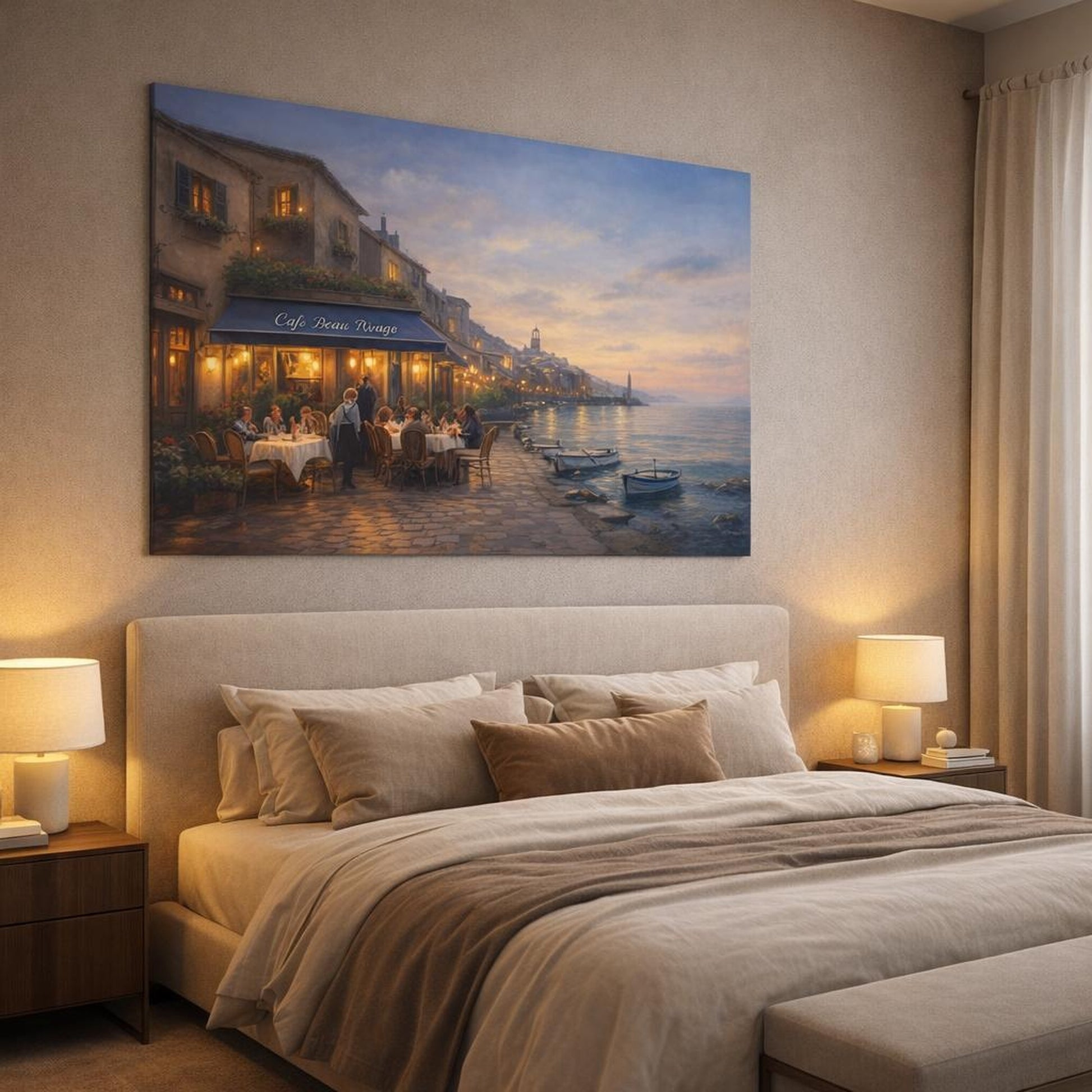Seascape European Bistro Street shown as canvas wall art in a luxury bedroom