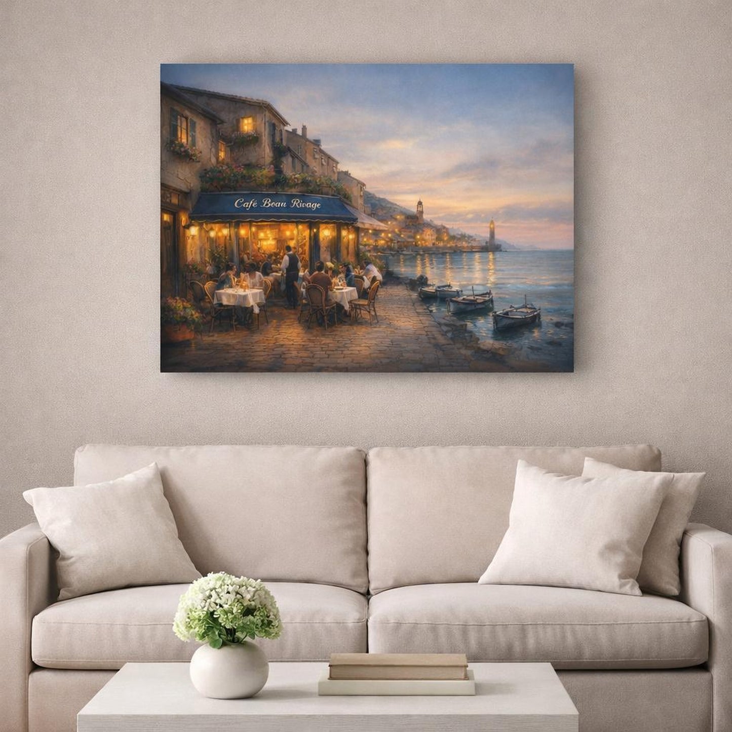 Seascape European Bistro Street shown as canvas wall art in a refined dining room