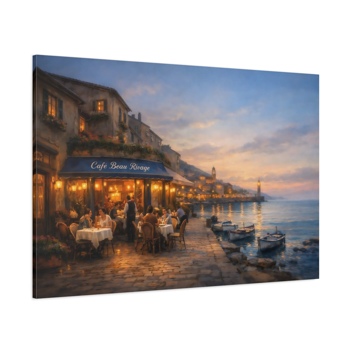 Seascape European Bistro Street shown as stretched canvas wall art