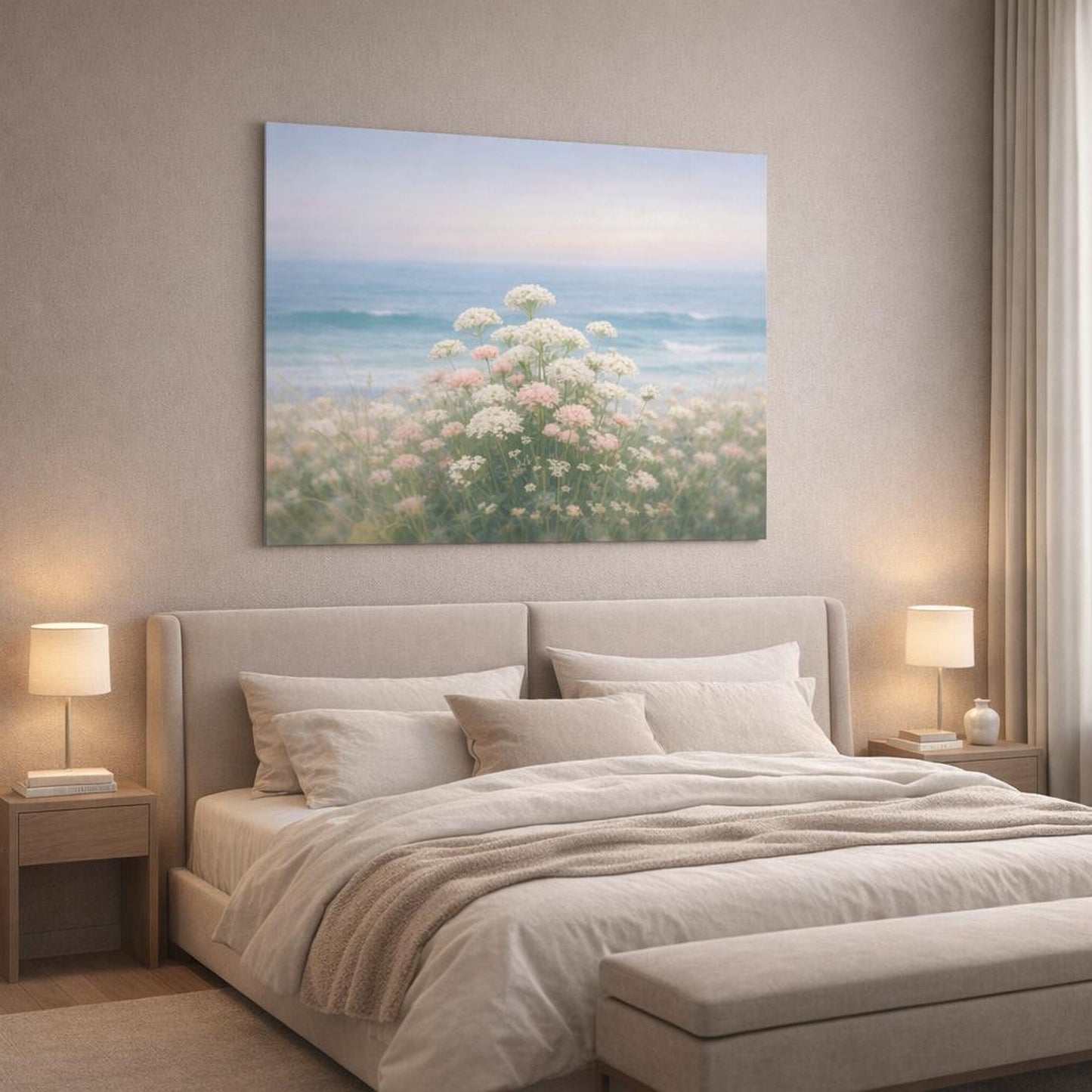 Seascape Floral Close-Up shown as canvas wall art in a luxury bedroom