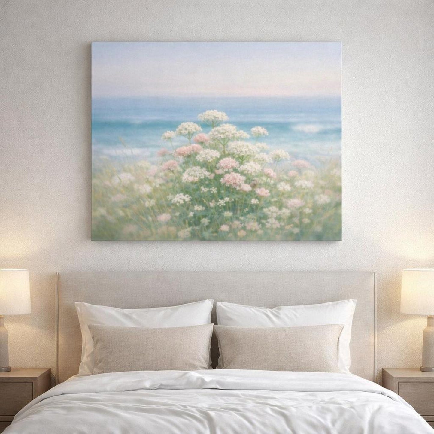 Seascape Floral Close-Up shown as canvas wall art in a luxury executive office