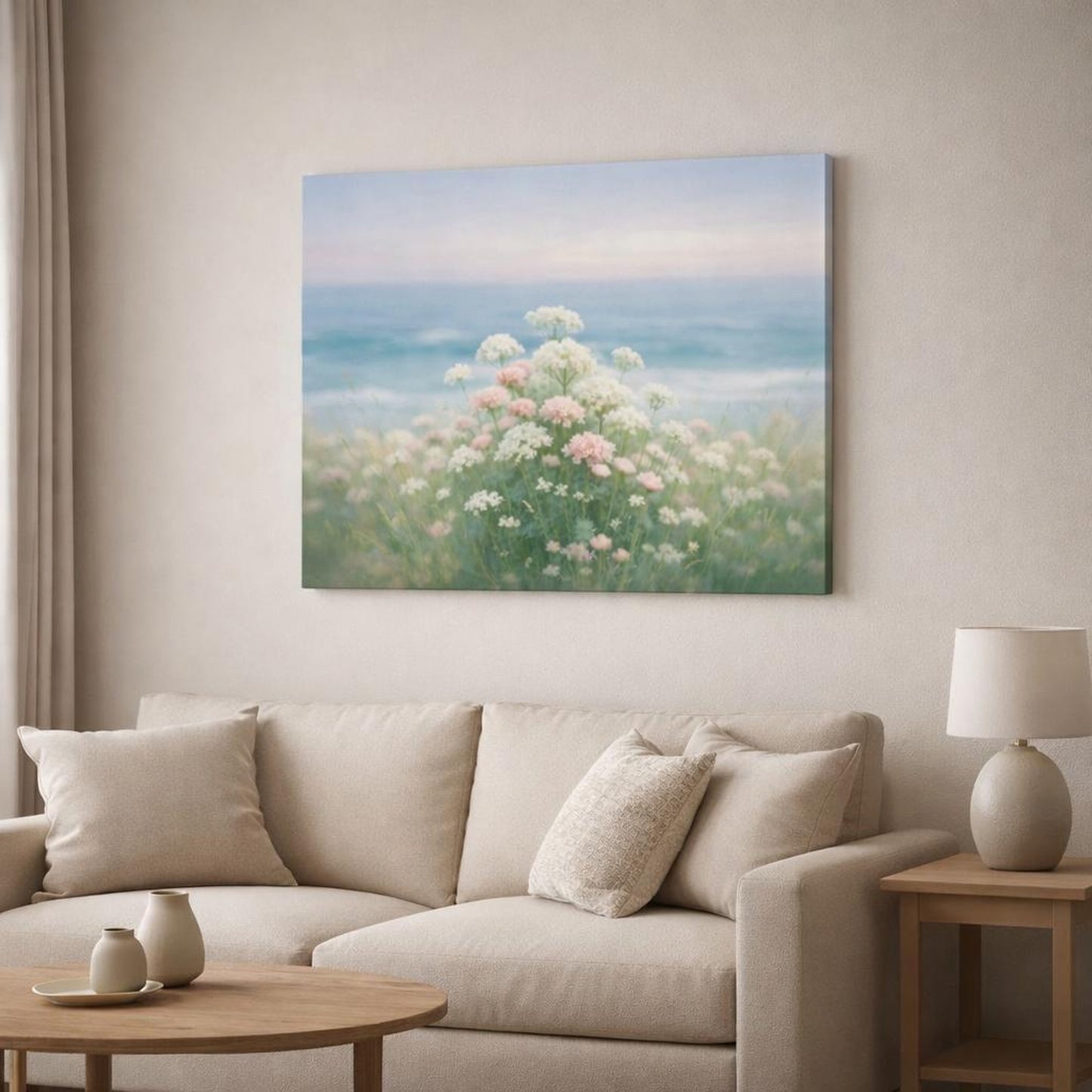 Seascape Floral Close-Up shown as canvas wall art in a modern living room