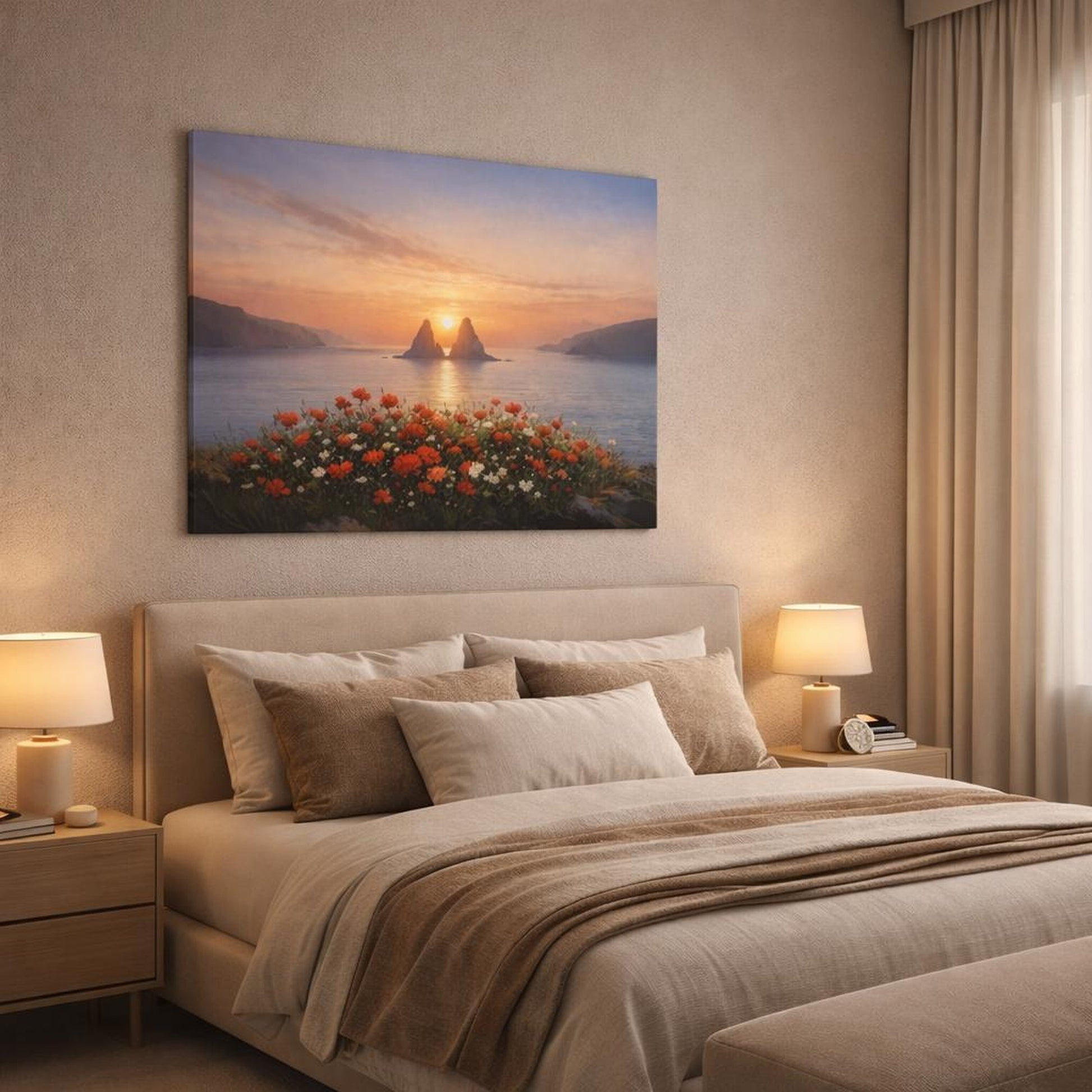 Seascape Flower Coast shown as canvas wall art in a luxury bedroom