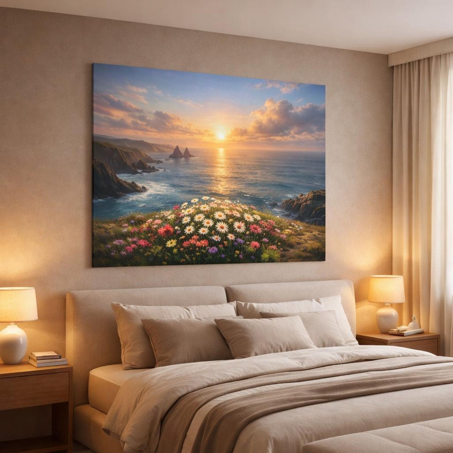Seascape Flower Coast shown as canvas wall art in a luxury bedroom