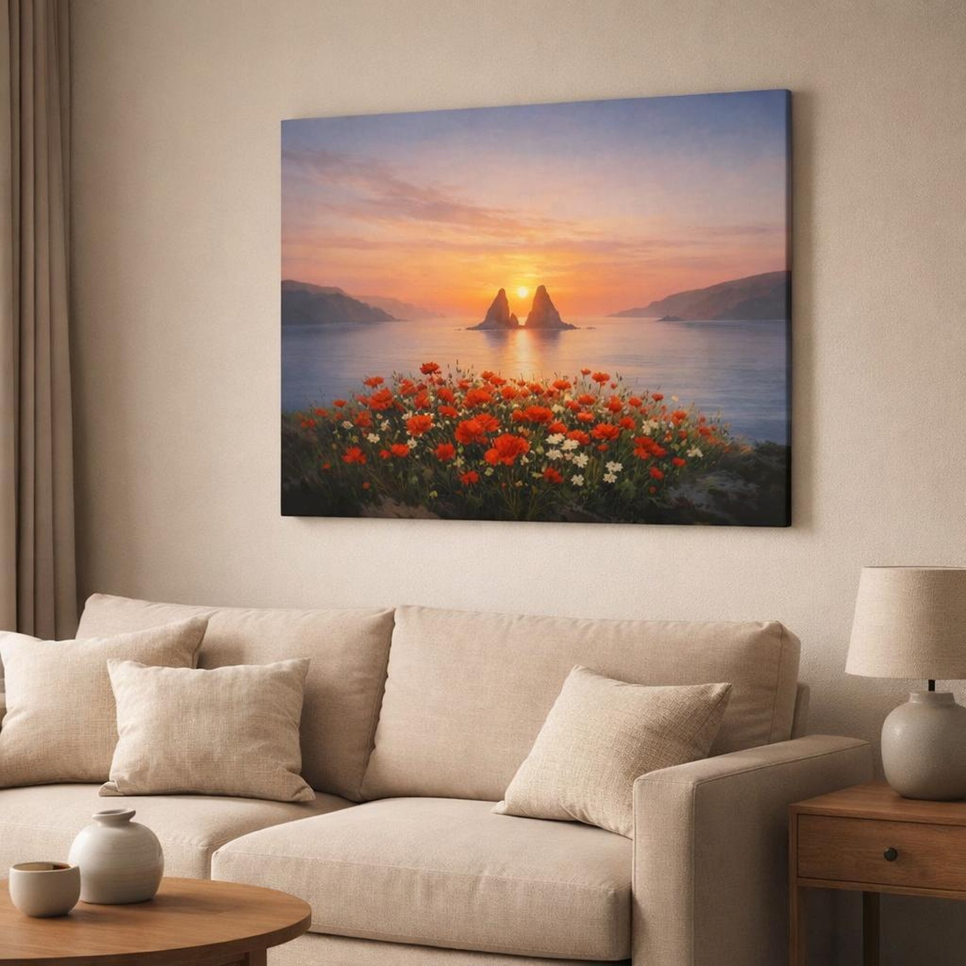 Seascape Flower Coast shown as canvas wall art in a modern living room