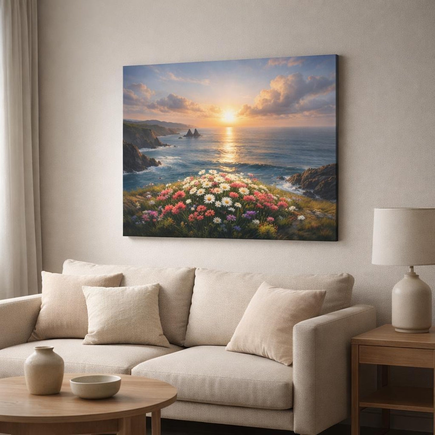 Seascape Flower Coast shown as canvas wall art in a modern living room