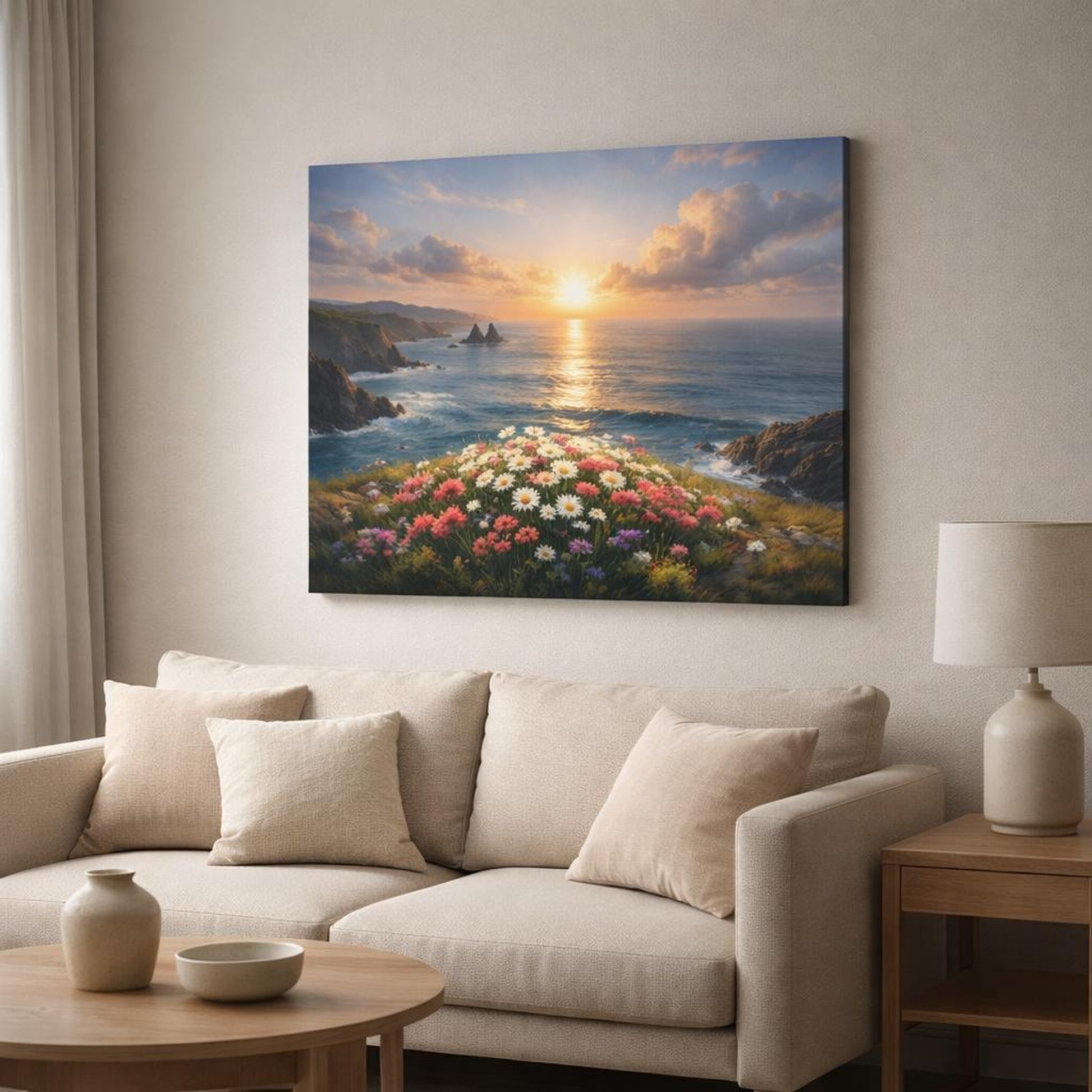 Seascape Flower Coast shown as canvas wall art in a modern living room
