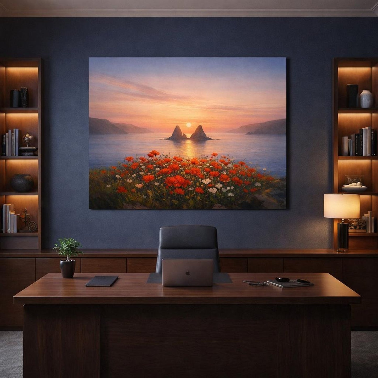 Seascape Flower Coast shown as canvas wall art in a refined dining room