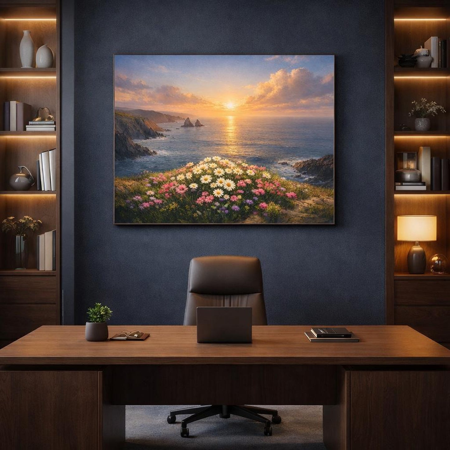 Seascape Flower Coast shown as canvas wall art in a refined dining room