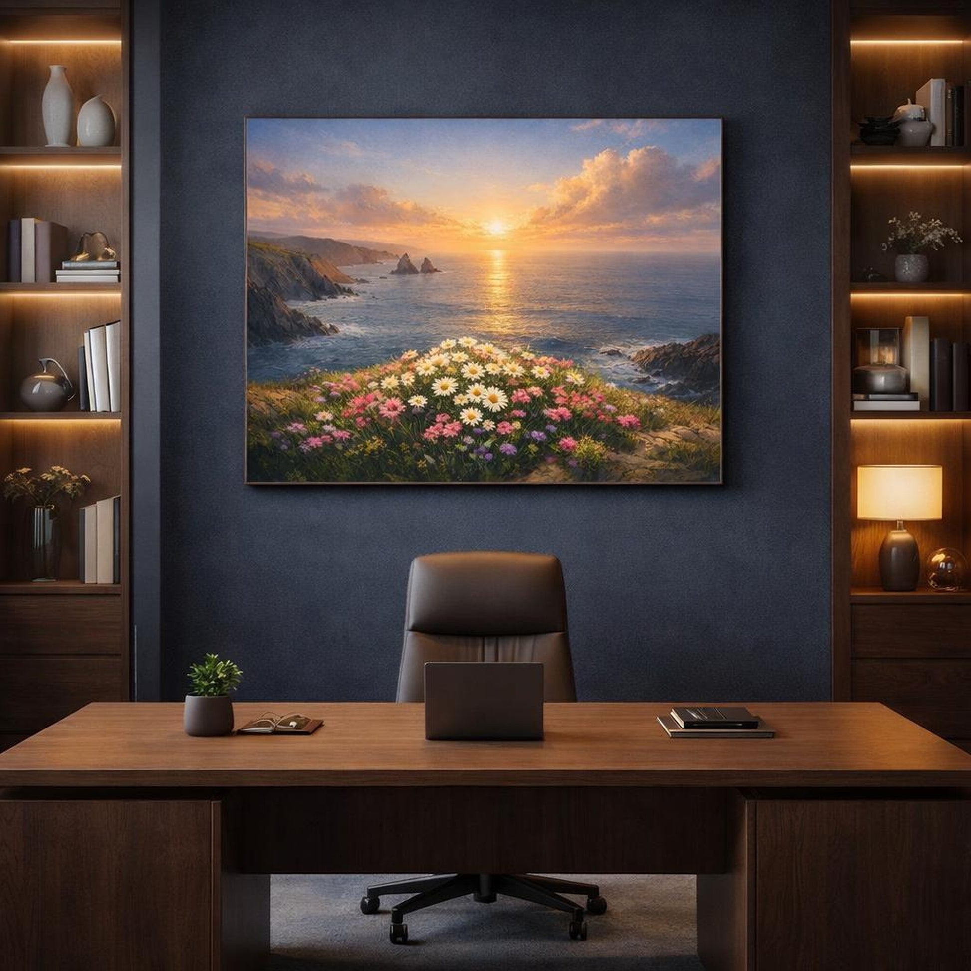 Seascape Flower Coast shown as canvas wall art in a refined dining room