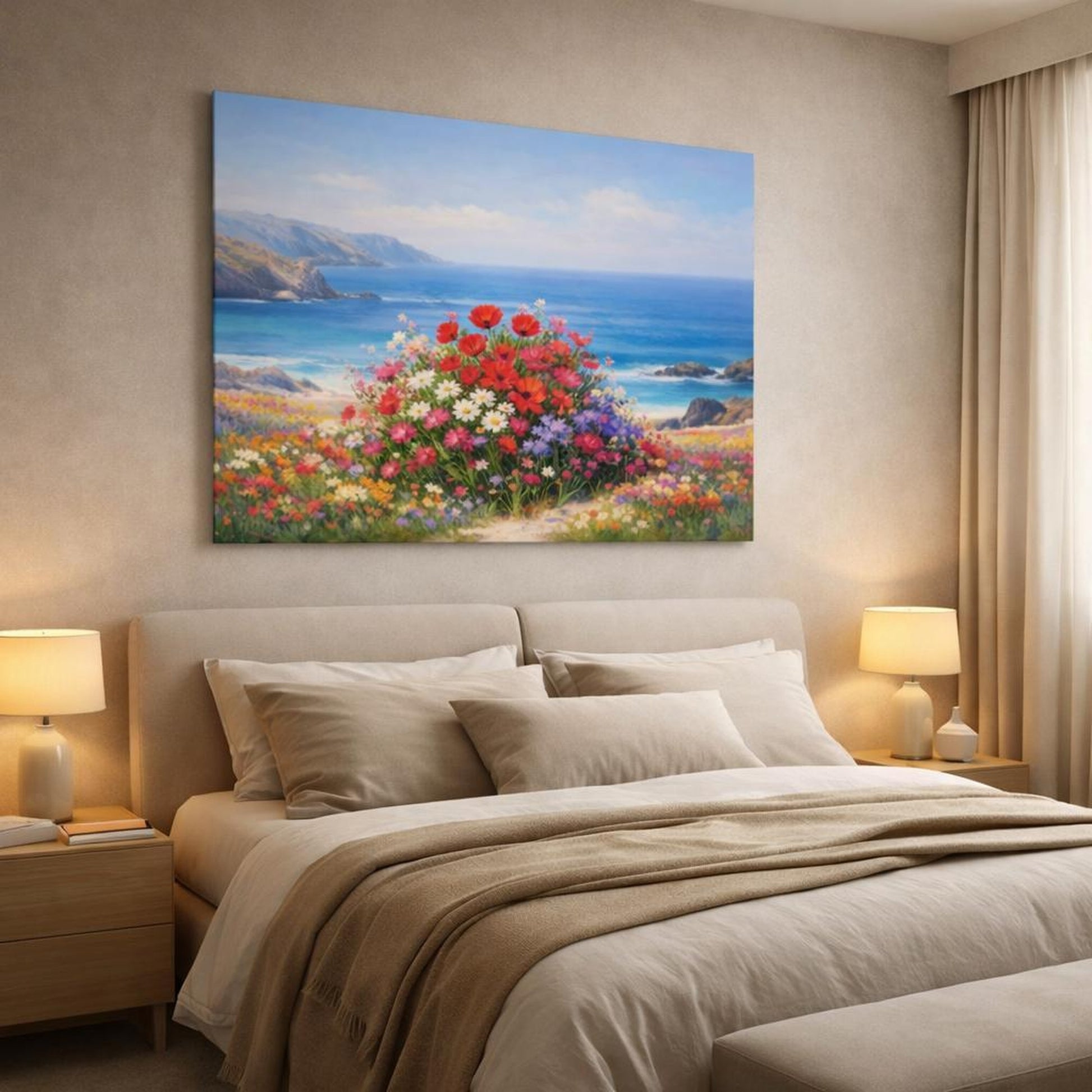 Seascape Flower Colorful shown as canvas wall art in a luxury bedroom