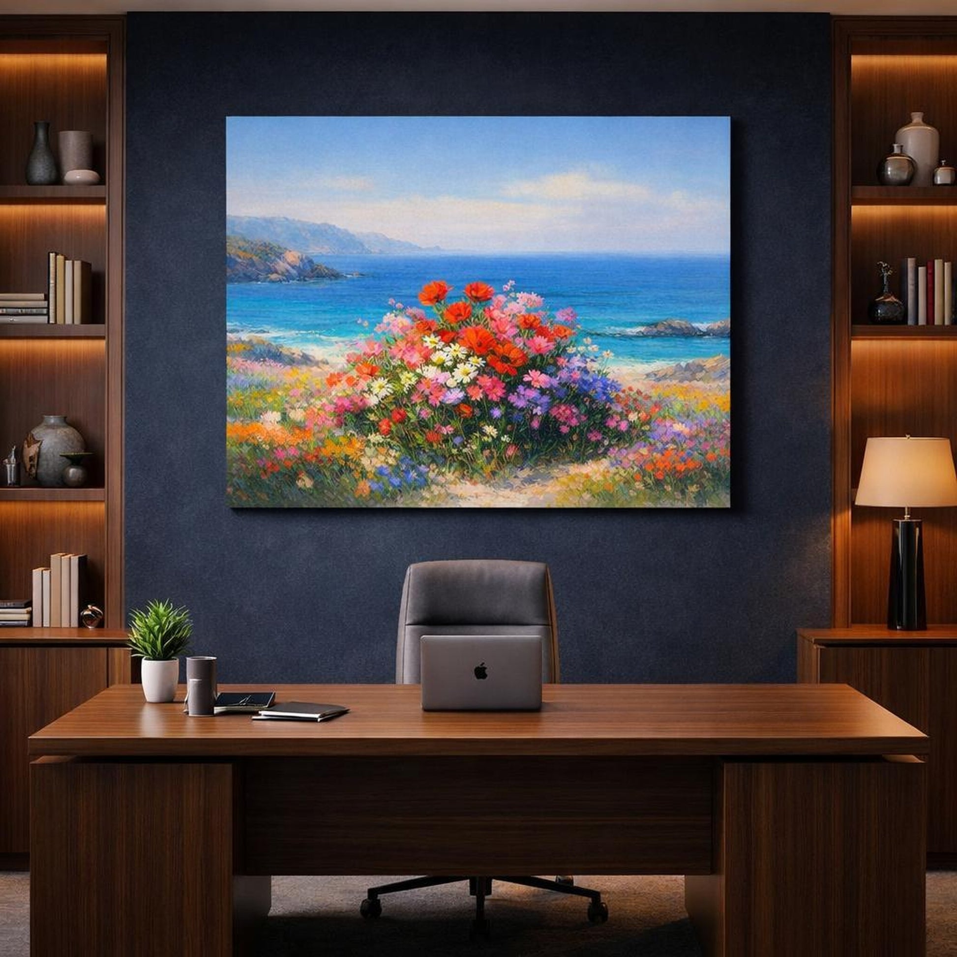 Seascape Flower Colorful shown as canvas wall art in a refined dining room