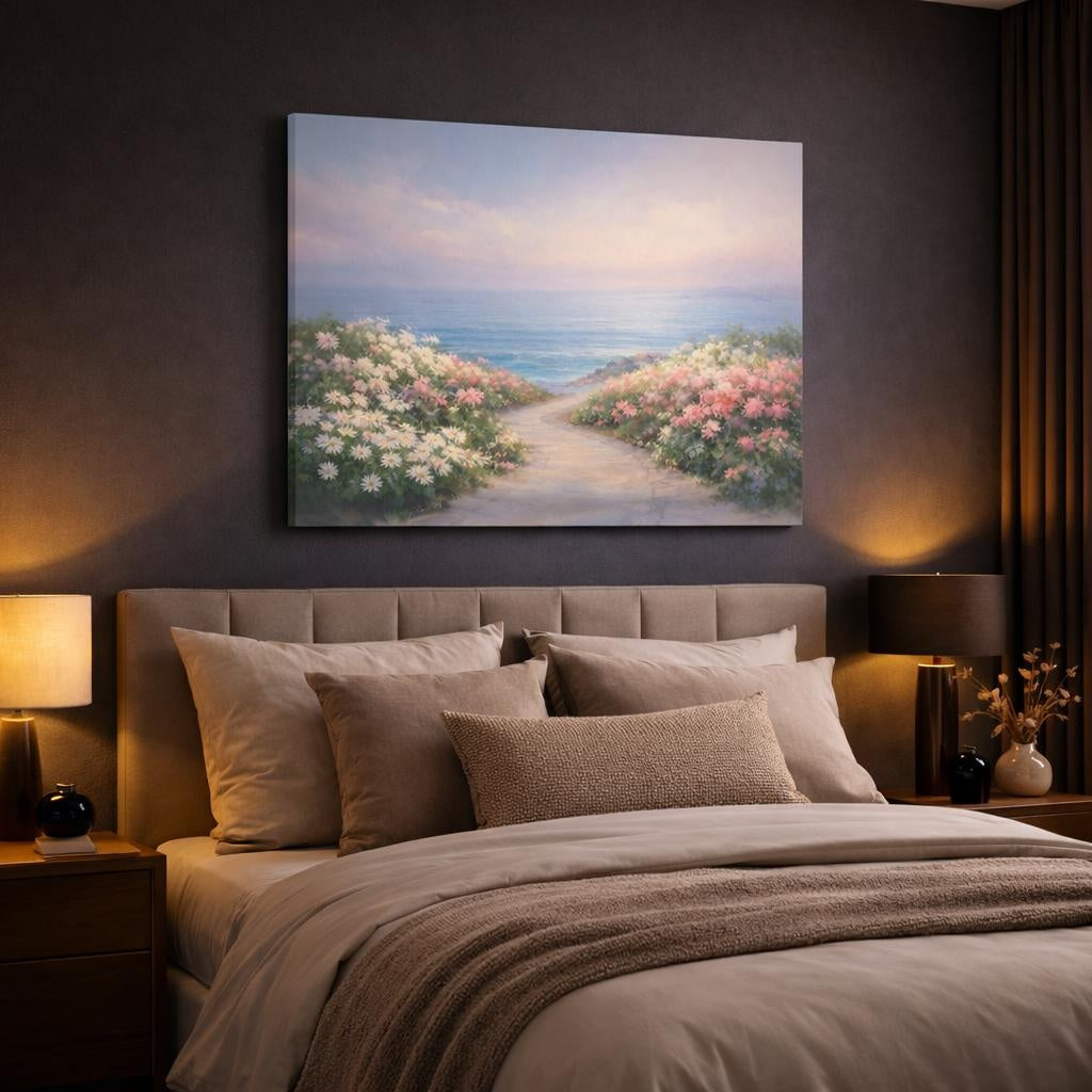 Seascape Flower Street shown as canvas wall art in a luxury bedroom