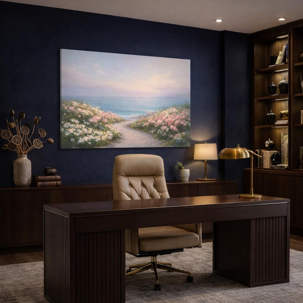 Seascape Flower Street shown as canvas wall art in a luxury executive office