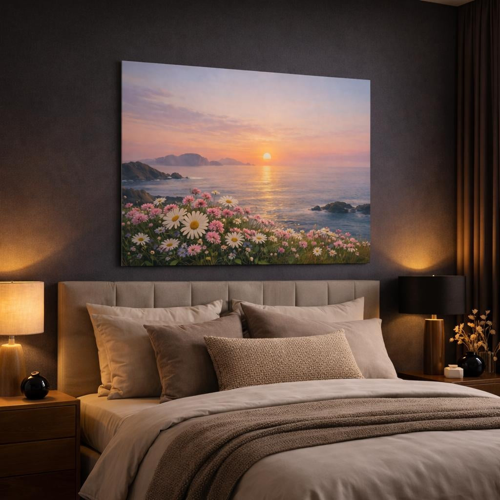 Seascape Flowers shown as canvas wall art in a luxury bedroom
