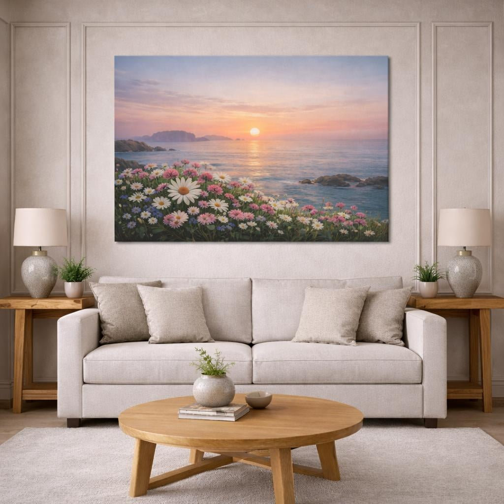 Seascape Flowers shown as canvas wall art in a modern living room