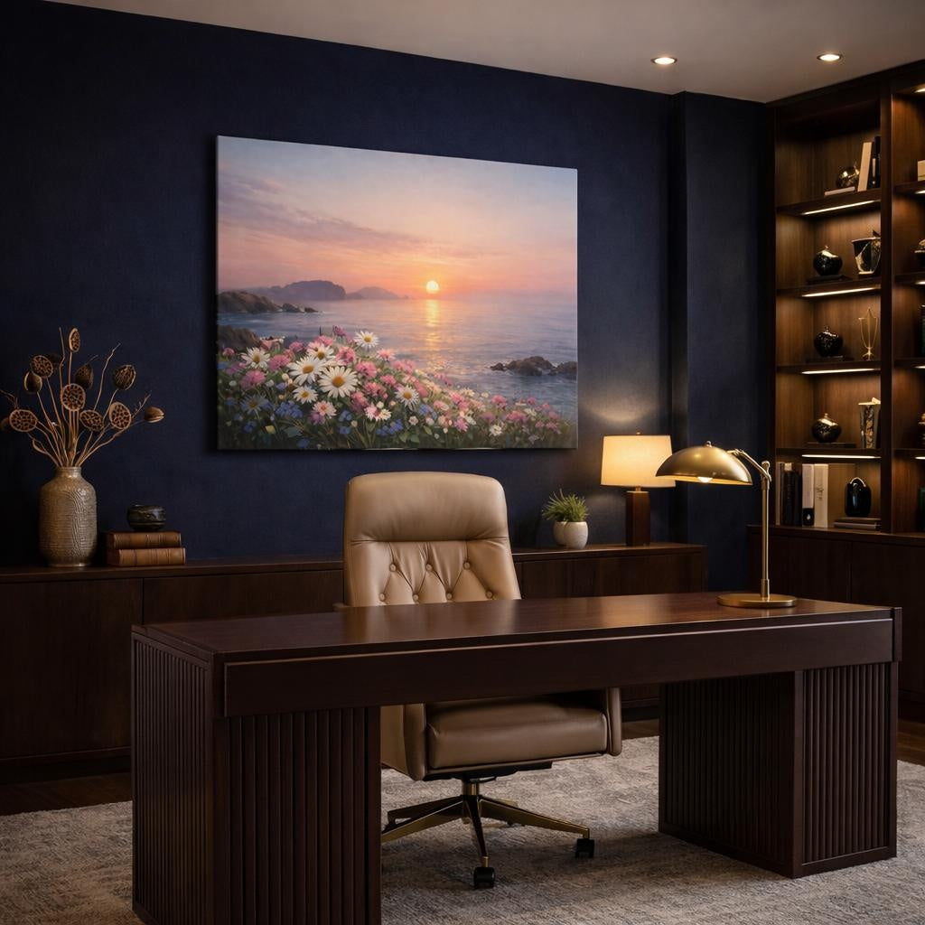 Seascape Flowers shown as canvas wall art in a refined dining room