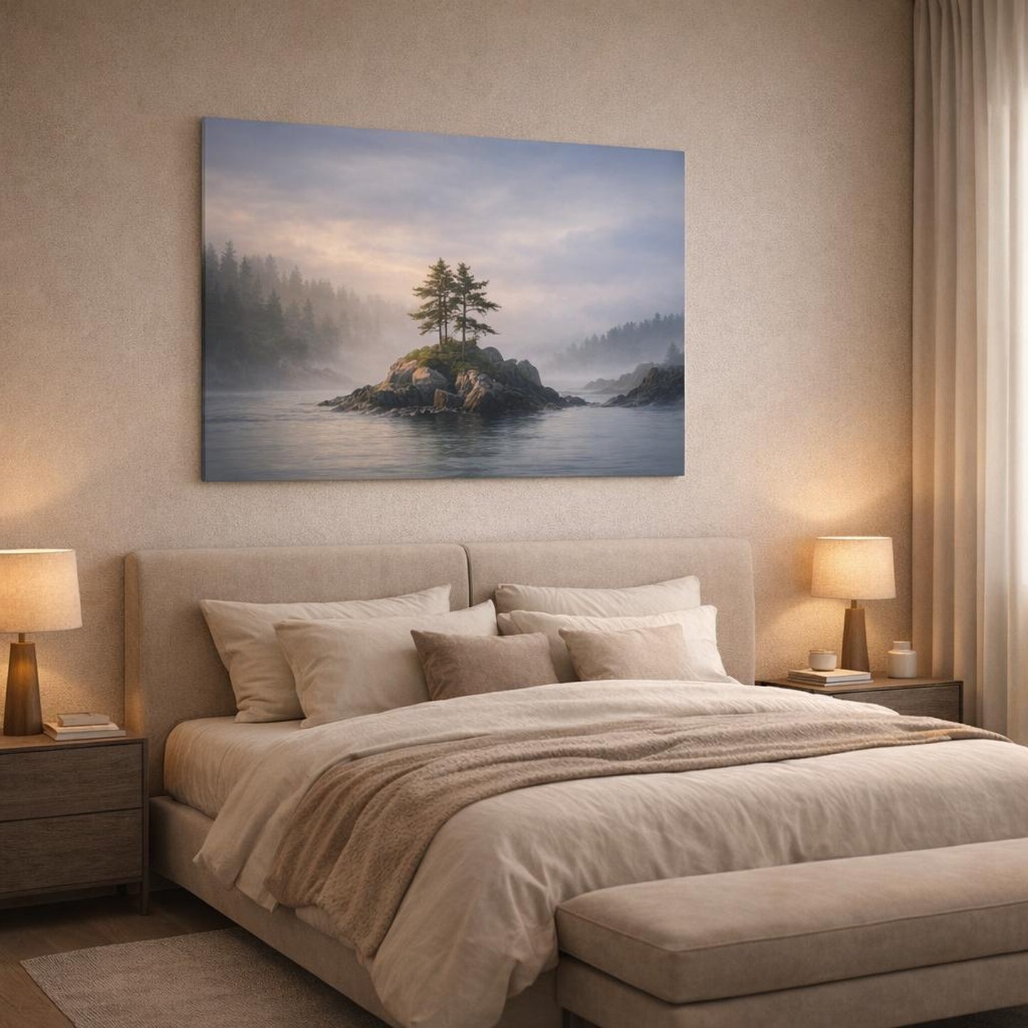Seascape Foggy Forest shown as canvas wall art in a luxury bedroom