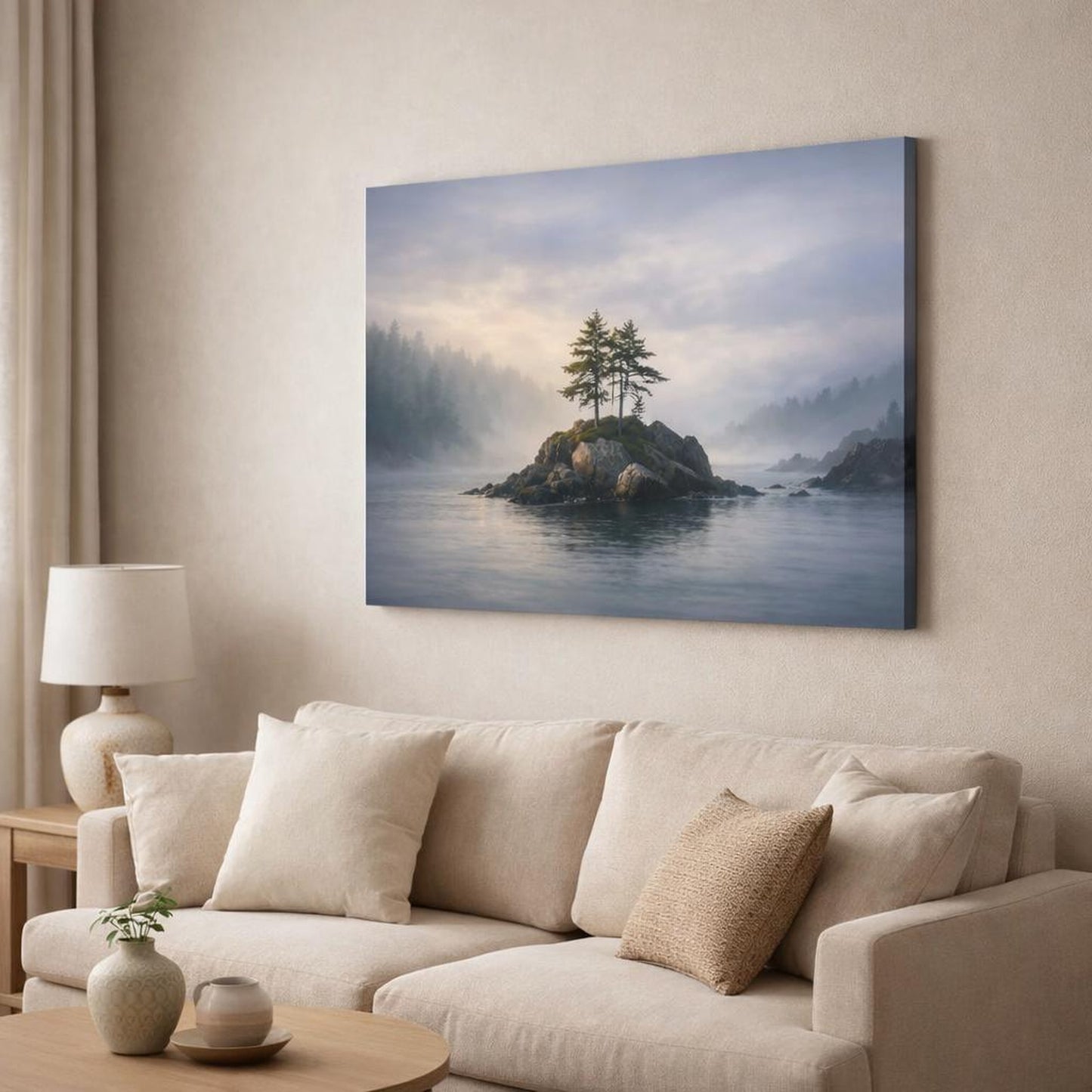 Seascape Foggy Forest shown as canvas wall art in a modern living room