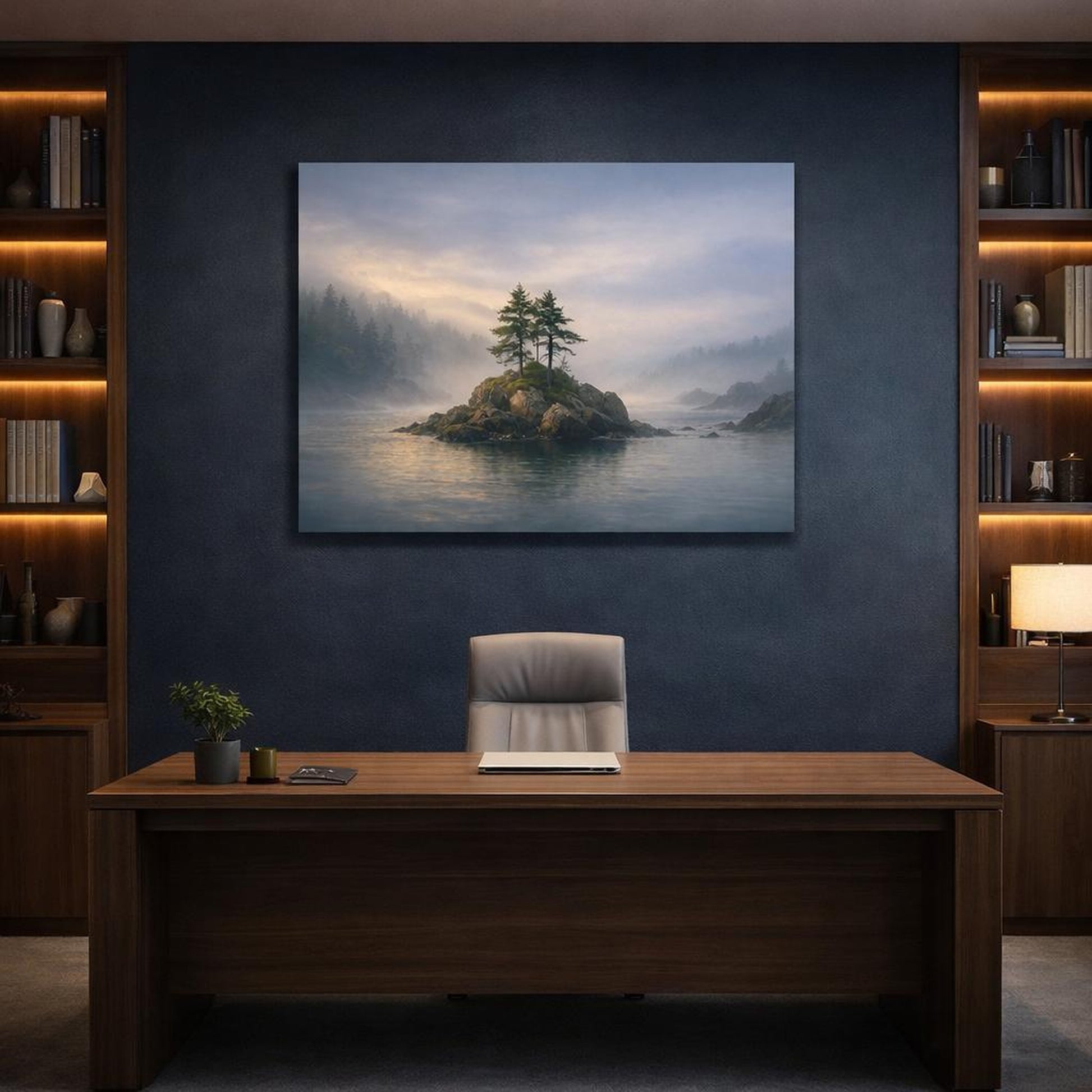 Seascape Foggy Forest shown as canvas wall art in a refined dining room