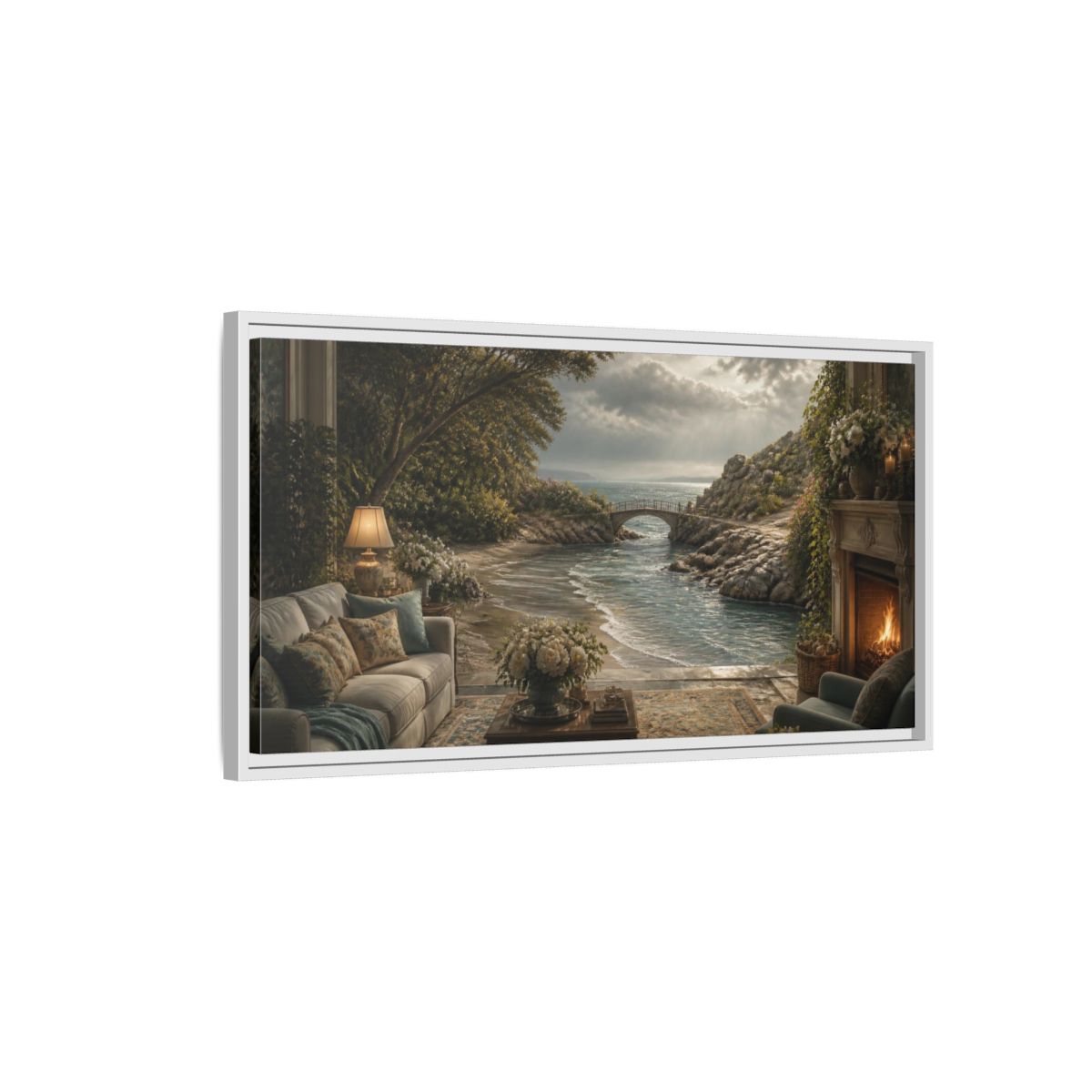 Side Mockup 1. Seascape For Living Room shown as framed canvas print