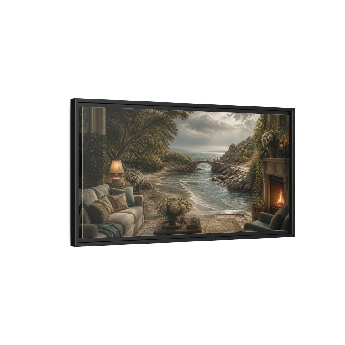 Side Mockup 2. Seascape For Living Room shown as framed canvas print