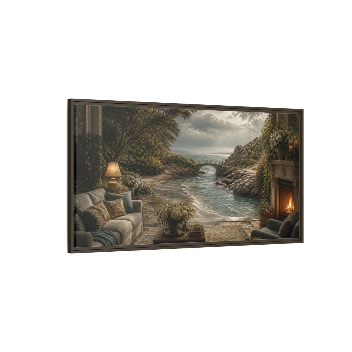 Side Mockup 4. Seascape For Living Room shown as framed canvas print