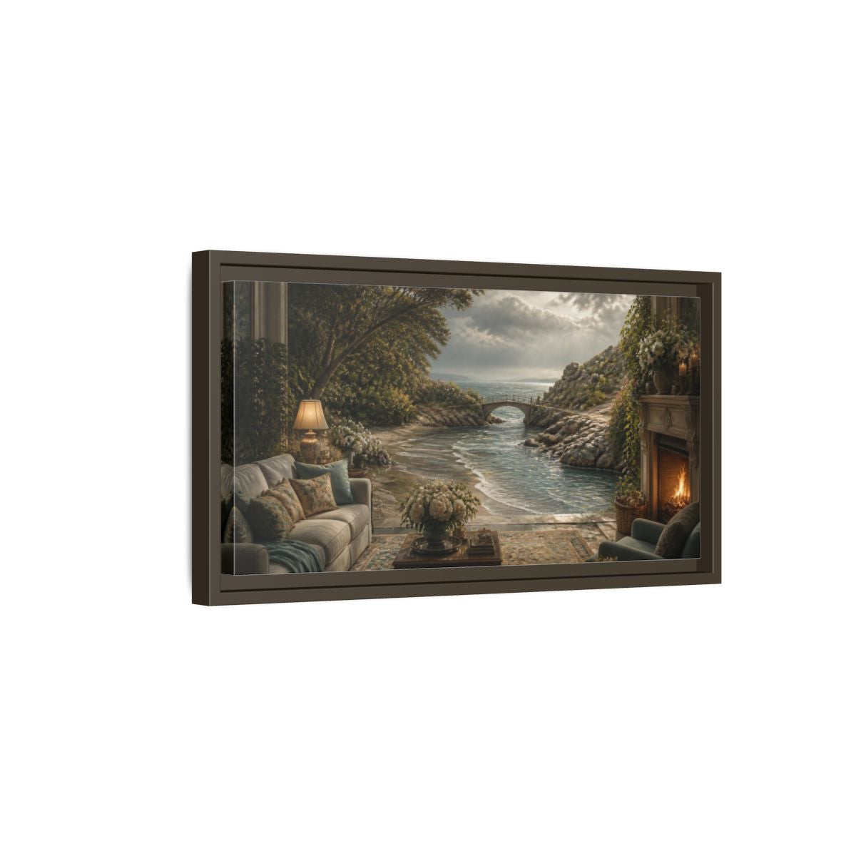 Side Mockup 7. Seascape For Living Room shown as framed canvas print