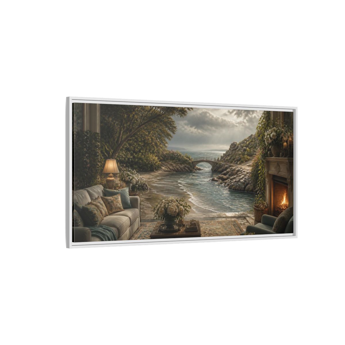 Side Mockup 3. Seascape For Living Room shown as framed canvas print