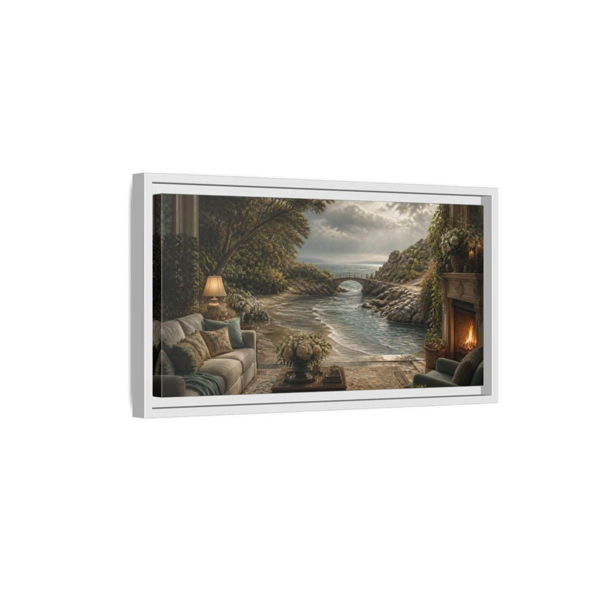 Side Mockup 6. Seascape For Living Room shown as framed canvas print