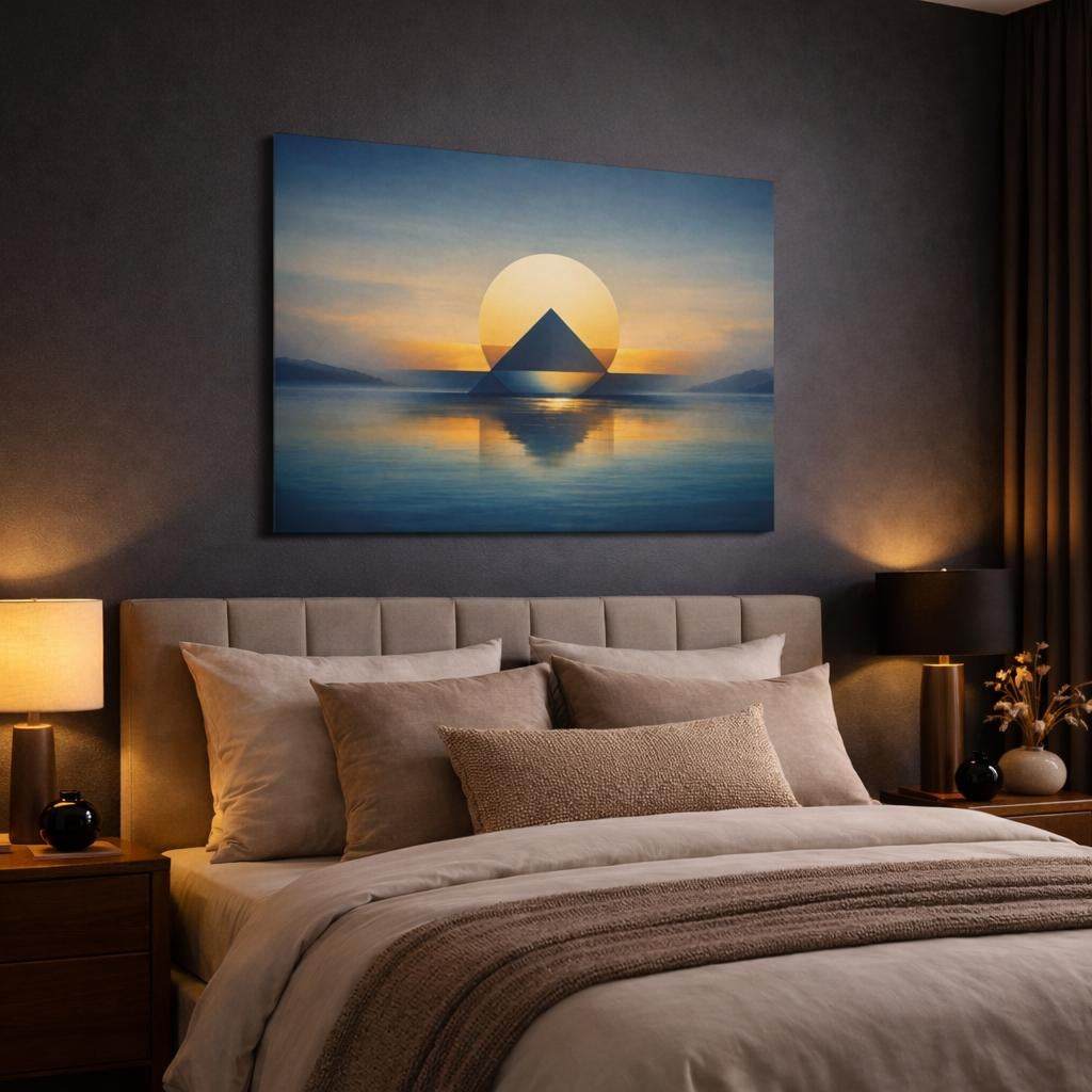 Seascape Geometric Abstract shown as canvas wall art in a luxury bedroom