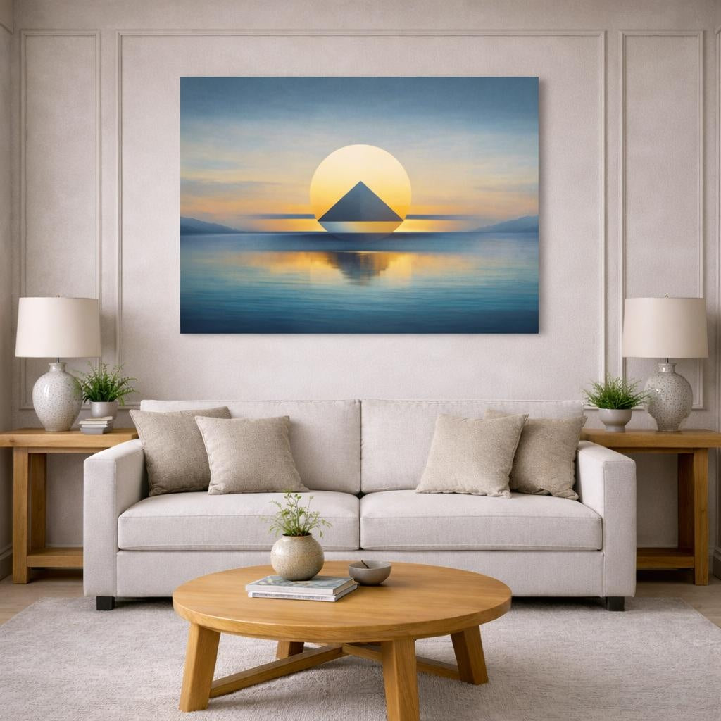 Seascape Geometric Abstract shown as canvas wall art in a modern living room