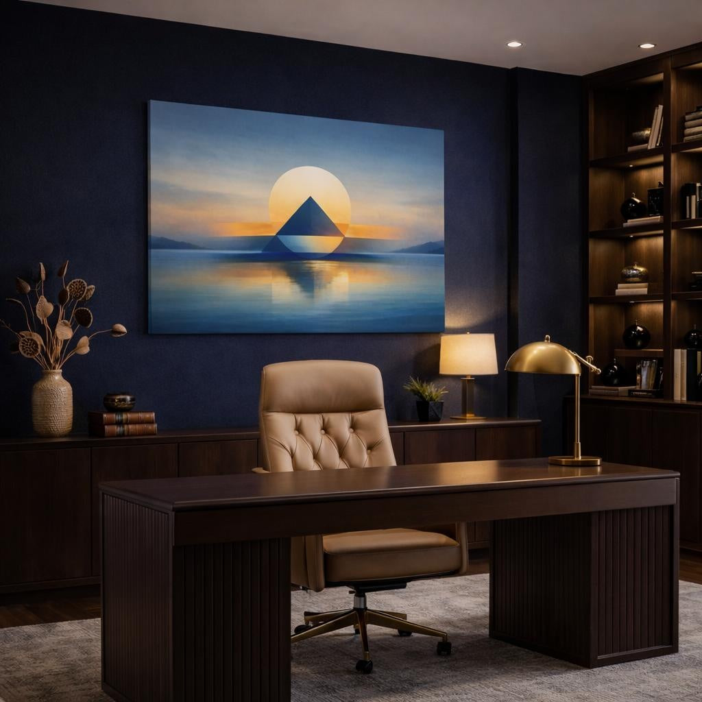 Seascape Geometric Abstract shown as canvas wall art in a luxury executive office