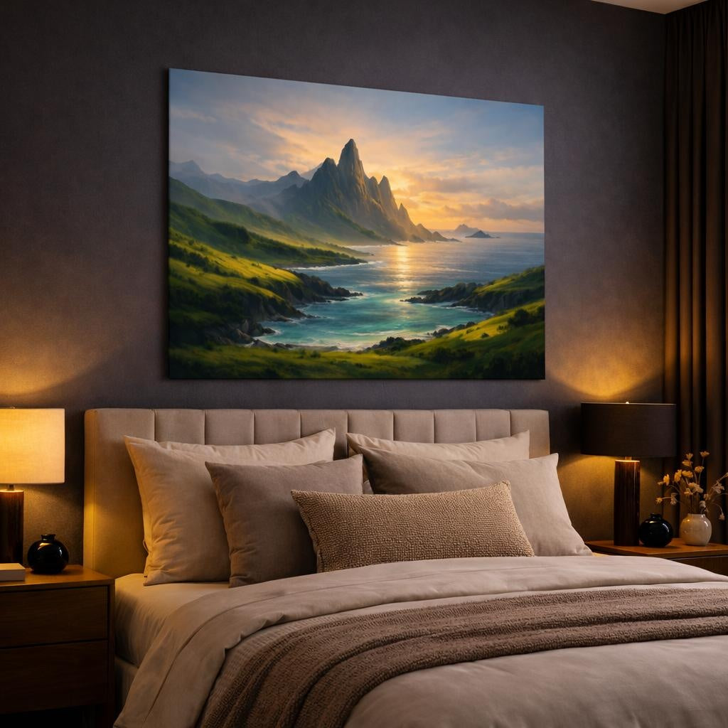 Seascape Green Valley shown as canvas wall art in a luxury bedroom