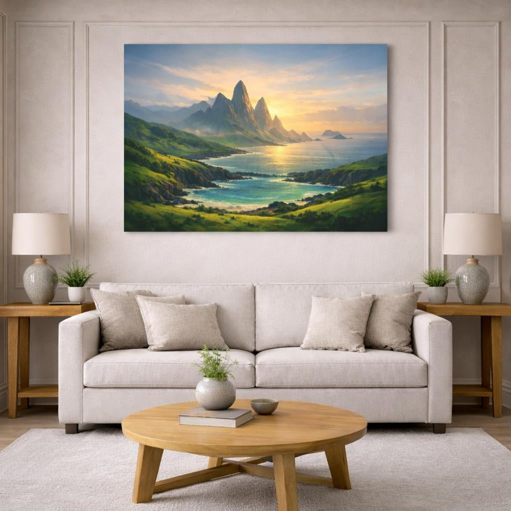 Seascape Green Valley shown as canvas wall art in a modern living room