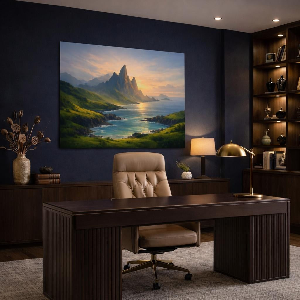 Seascape Green Valley shown as canvas wall art in a refined dining room