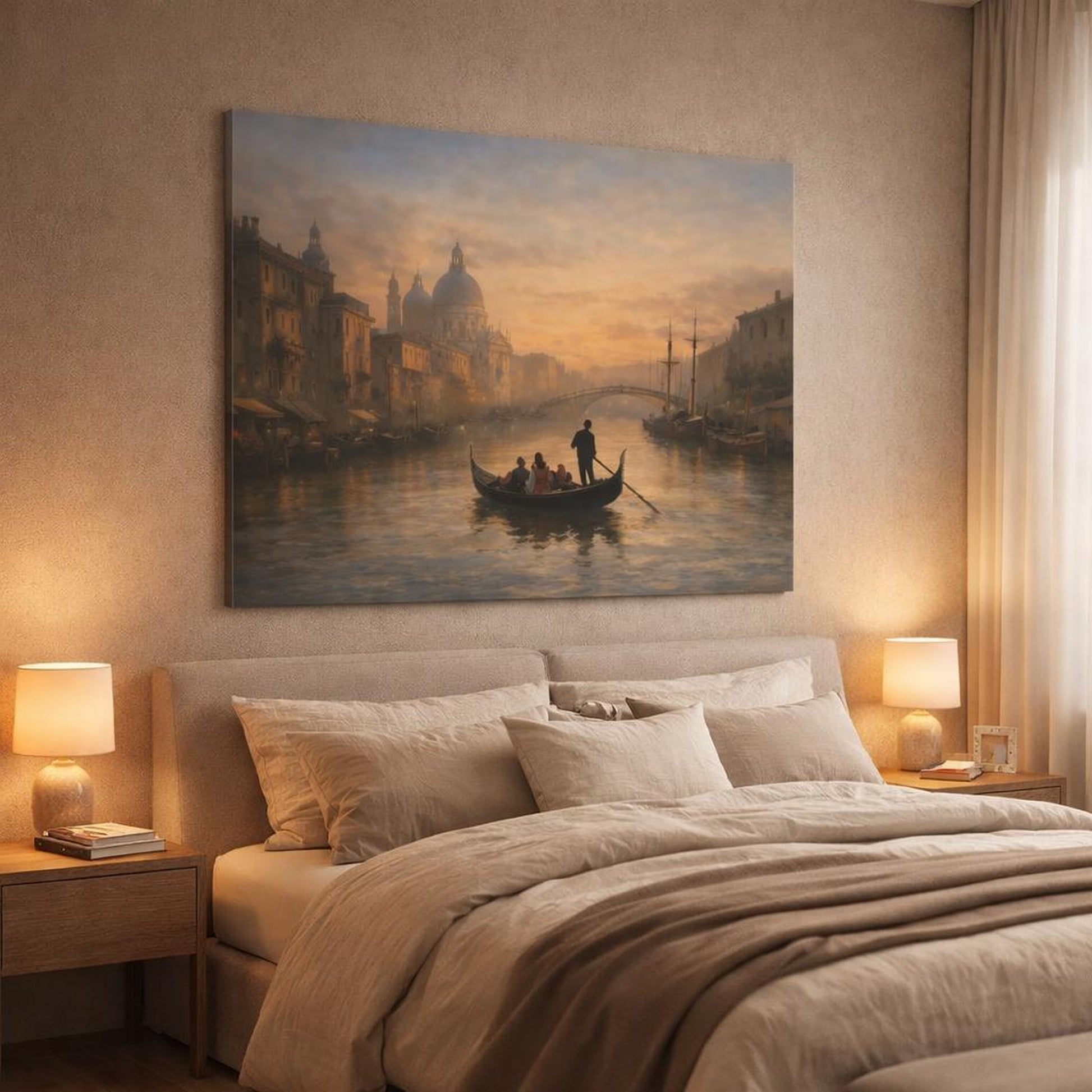 Seascape Historic Canal shown as canvas wall art in a luxury bedroom