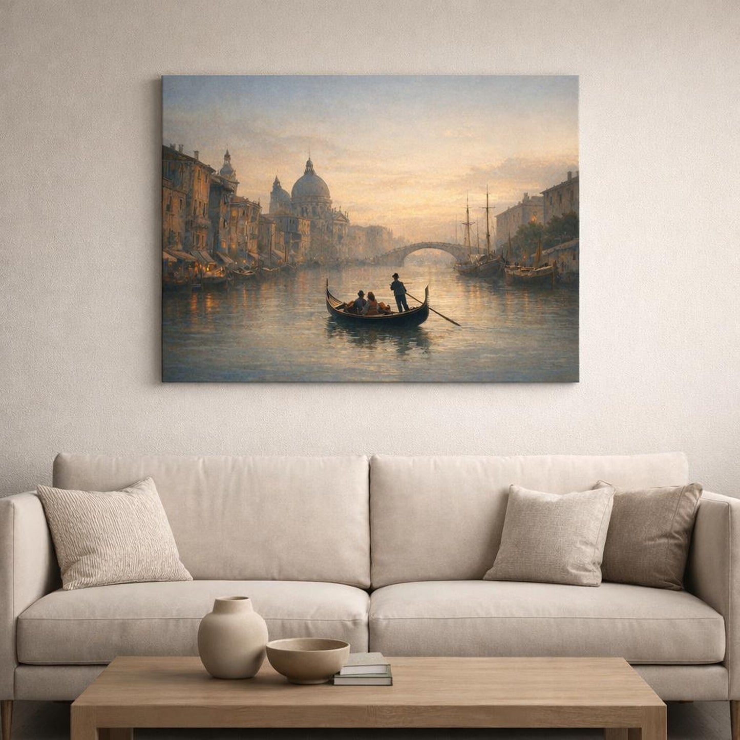 Seascape Historic Canal shown as canvas wall art in a refined dining room