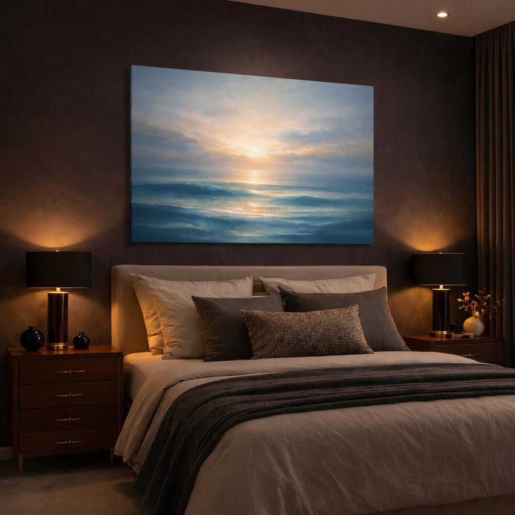 Seascape Layered Abstract shown as canvas wall art in a luxury bedroom