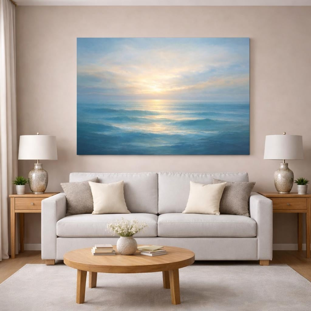 Seascape Layered Abstract shown as canvas wall art in a modern living room