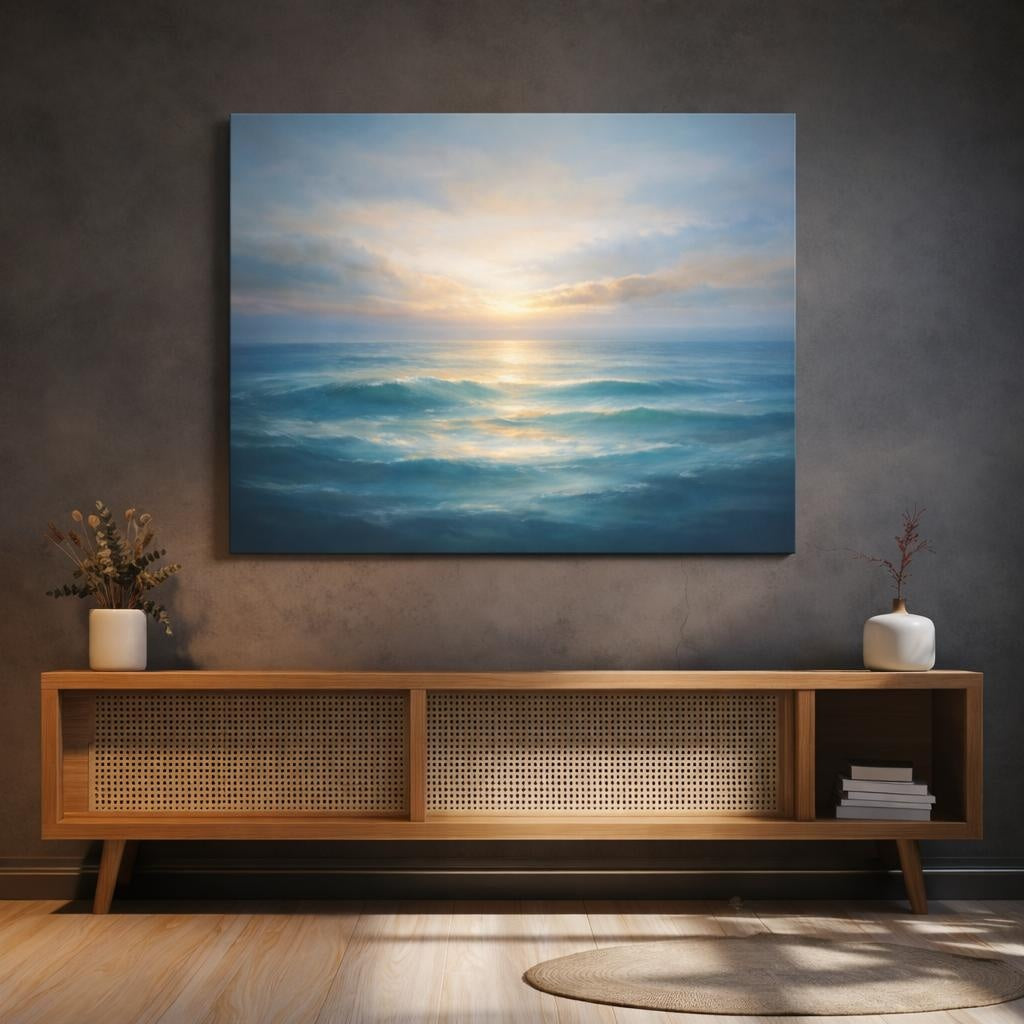Seascape Layered Abstract shown as canvas wall art in a luxury executive office