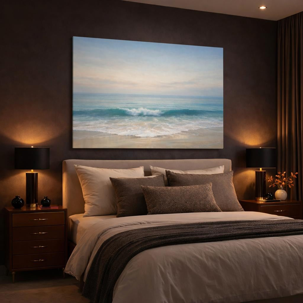 Seascape Line Abstract shown as canvas wall art in a luxury bedroom