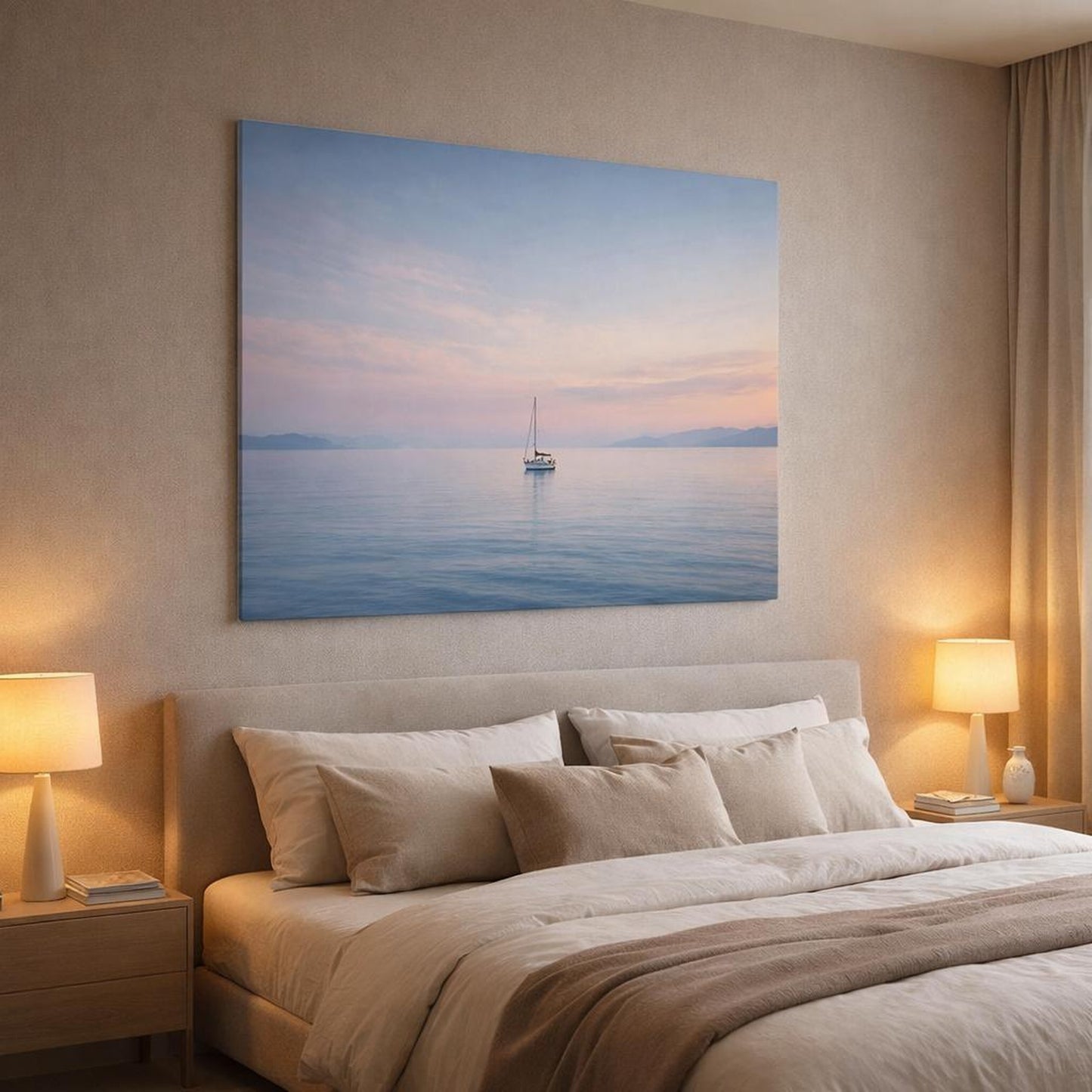 Seascape Lonely Boat shown as canvas wall art in a luxury bedroom