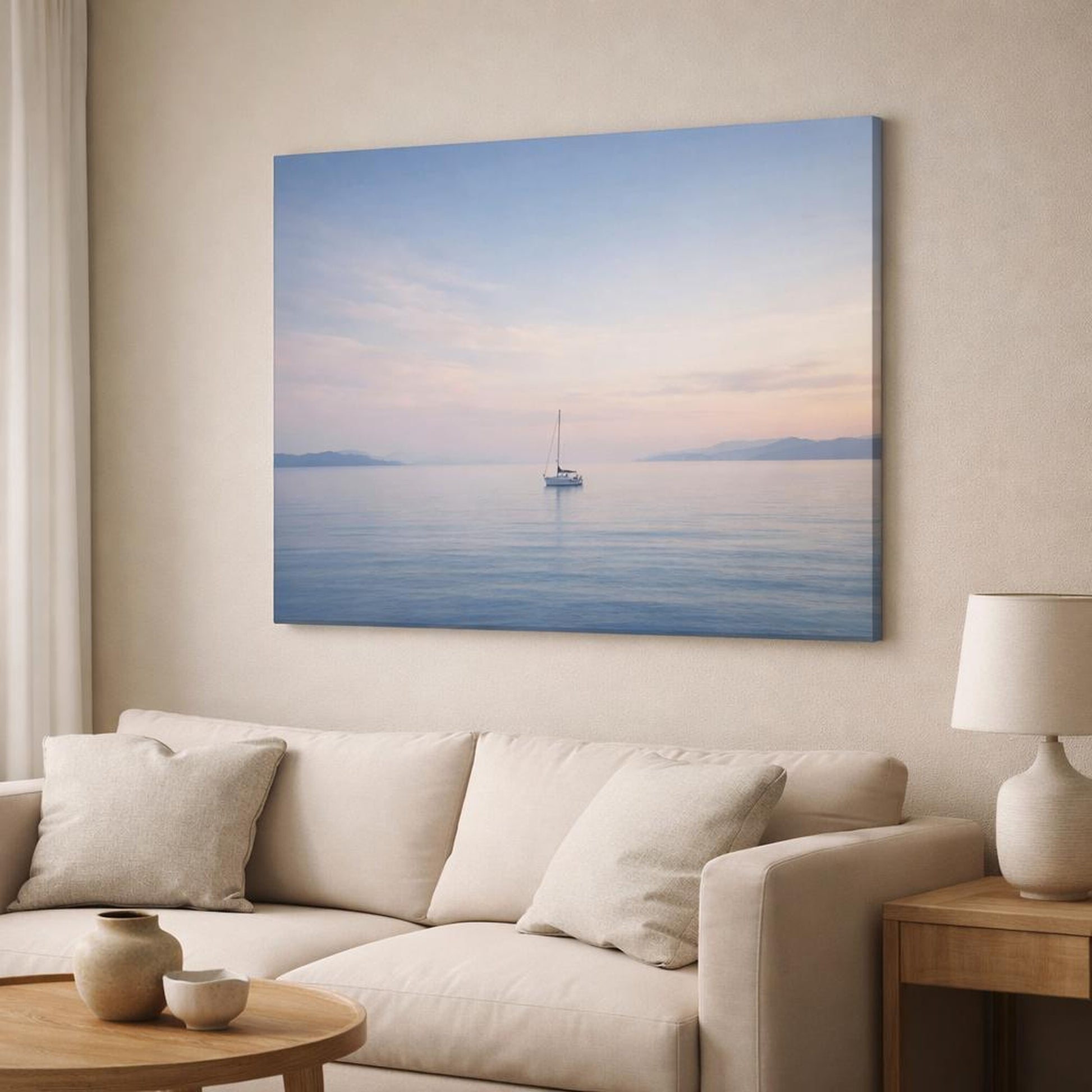 Seascape Lonely Boat shown as canvas wall art in a modern living room